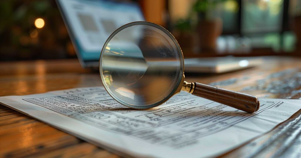 laptop, magnifying glass